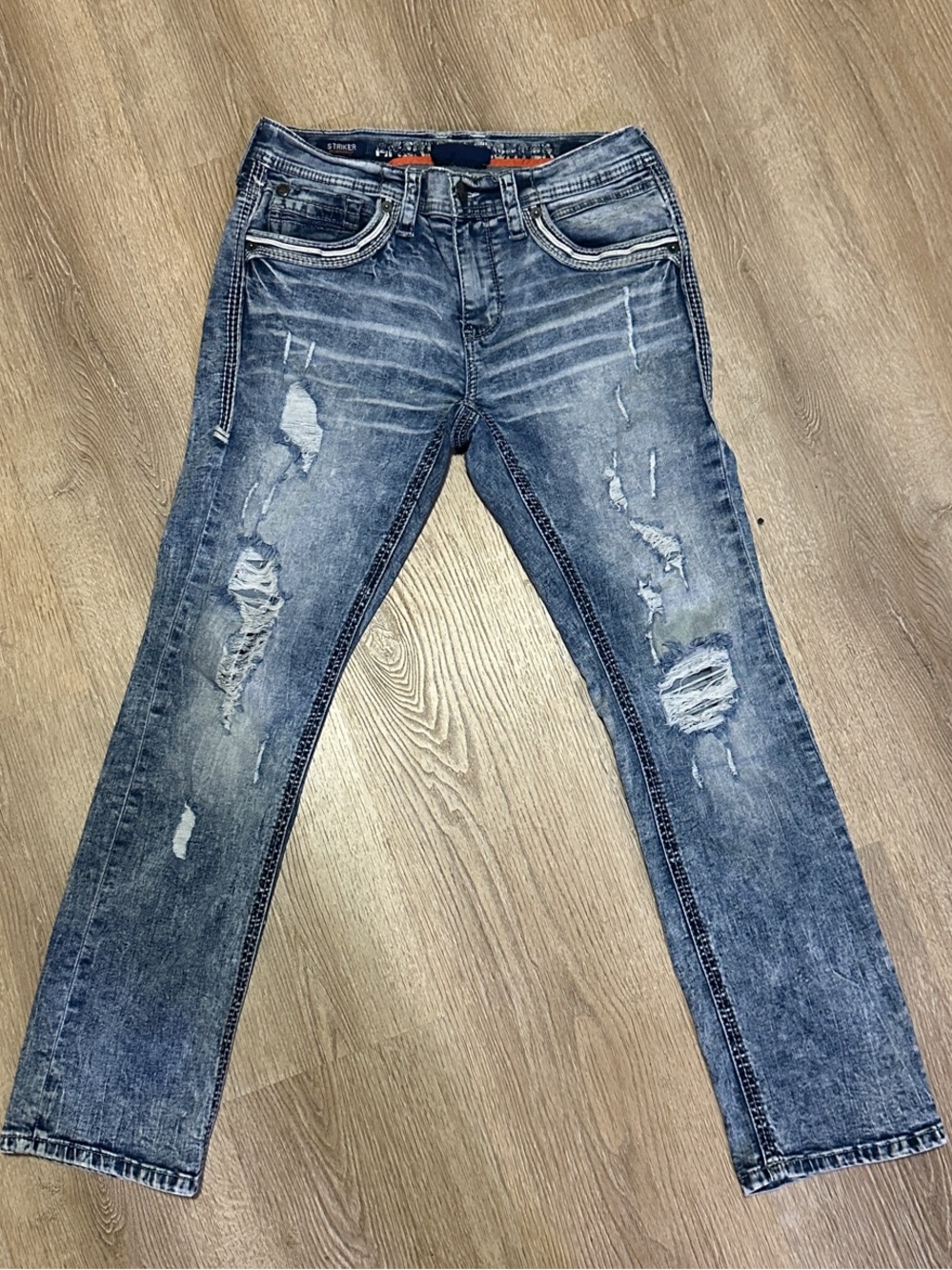 American Fighter Women's Distressed Blue Straight Leg Jeans